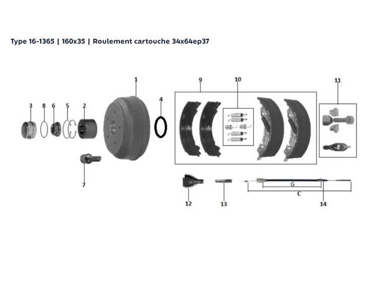 Kit moyeu tambour essieu freiné | Type 16-1365 | 160x35 | Rlt cartouche 34x64ep37
