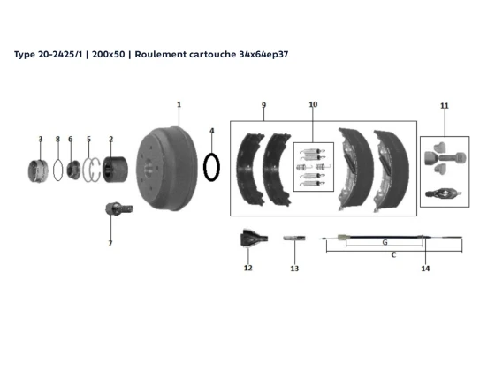 image de Kit moyeu tambour essieu freiné | Type 20-2425/1 | 200x50 | Rlt cartouche 34x64ep37