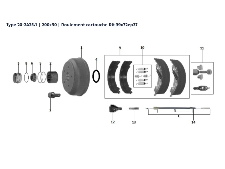 Kit moyeu tambour essieu freiné | Type 20-2425/1 | 200x50 | Rlt cartouche 39x72ep37